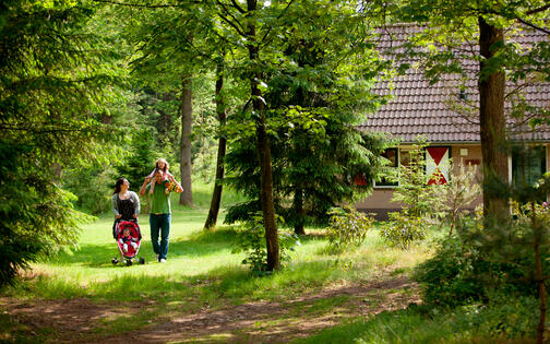 Gezin aan het wandelen in een bosrijke omgeving, waar ook een vakantiewoning van Landal staat