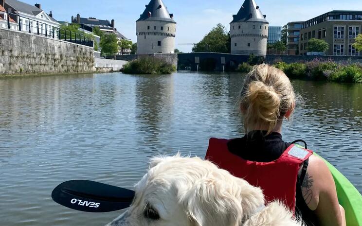 kano aan het Rabot in Gent met hond achterop