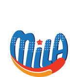 logo van Mila; Mila in gebogen blauwe letters geschreven