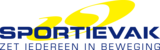 logo van Sportievak, blauwe letters met gele figuur